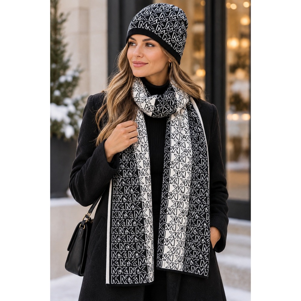 Michael Kors Black White MK Logo Monogram Knit Beanie and Scarf Set